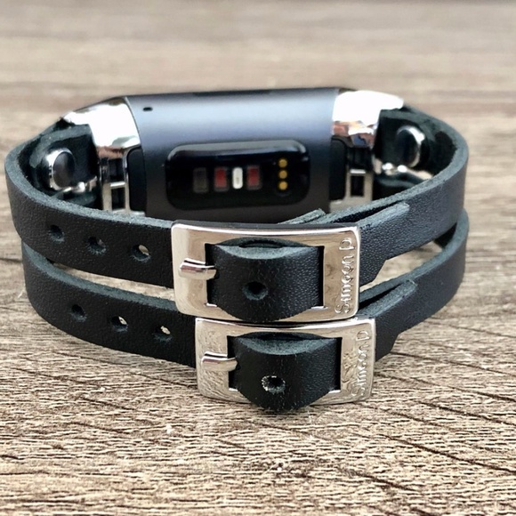 Double Strap Black Leather Charge 4 Bracelet - Picture 3 of 8